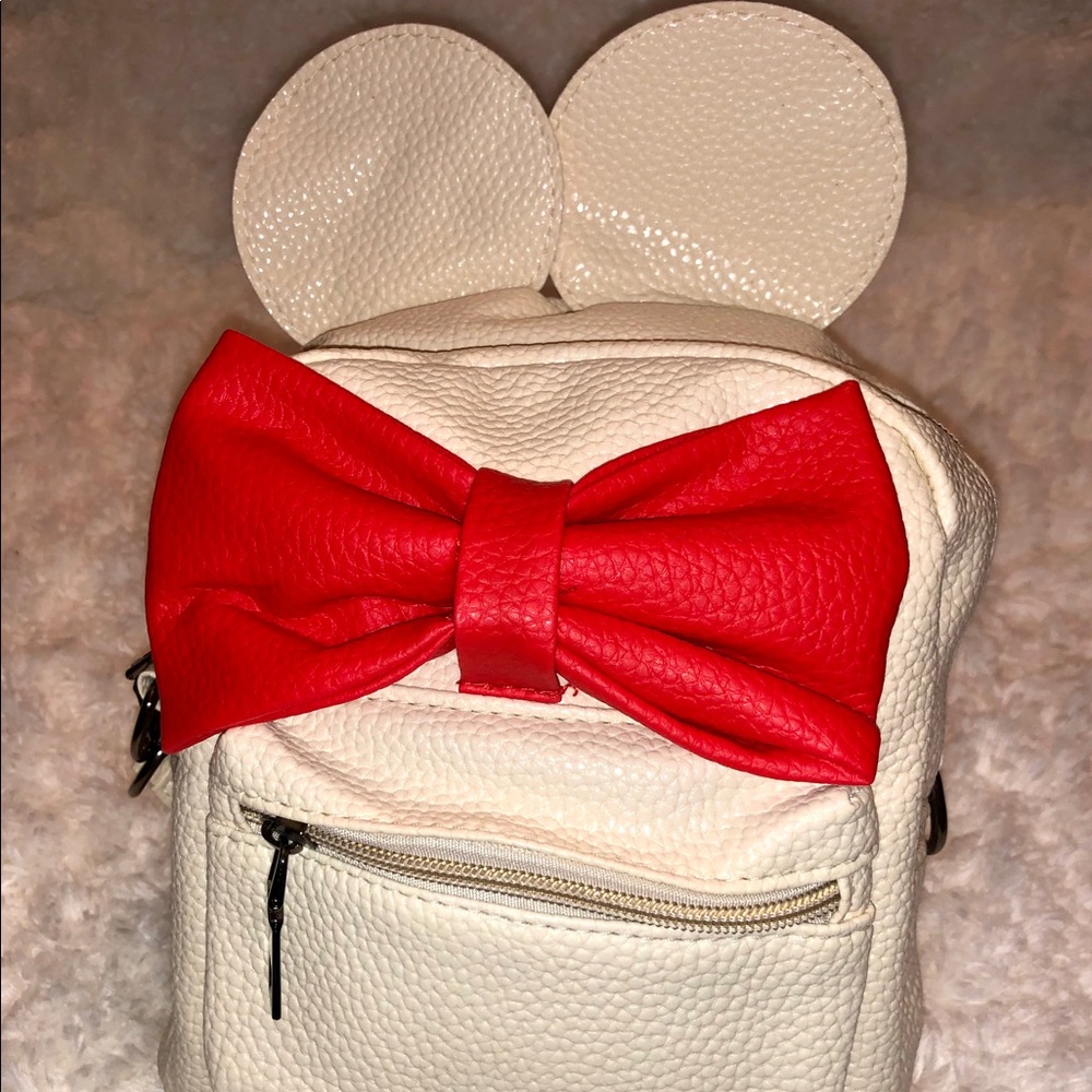 Cream Mickey Mouse Backpack with Red Bow